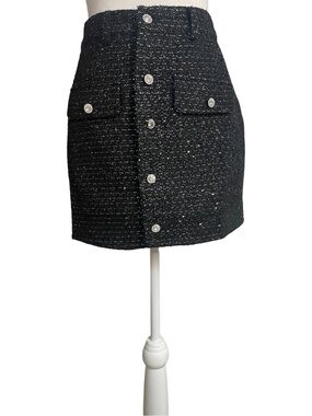 Lulus Posh Reputation Tweed Rhinestone Button-Front Mini Skirt Black